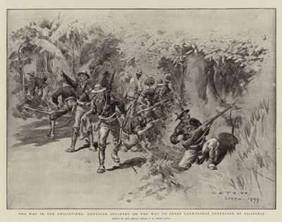 La guerra nelle Filippine, fanteria americana in cammino verso Peres Lasmarinas sorpresa dai filippini da Charles Edwin Fripp